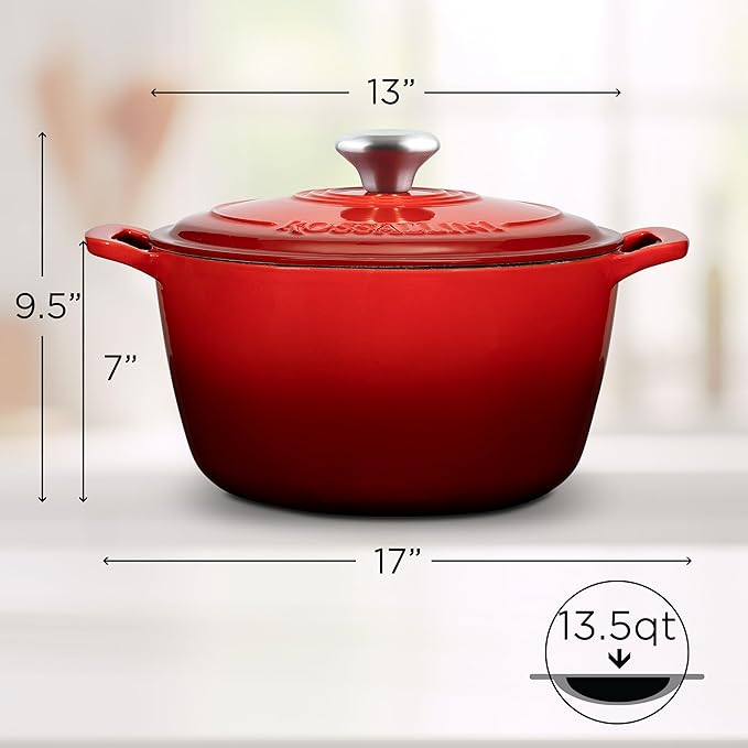 Signature Enameled Cast Iron Dutch Oven, Non-Stick Serving Pot with Tight Fitting Lid for Perfect Roasting, Baking, Sauteing, and Bread Making | 13.5Q (12.7L) - Red
