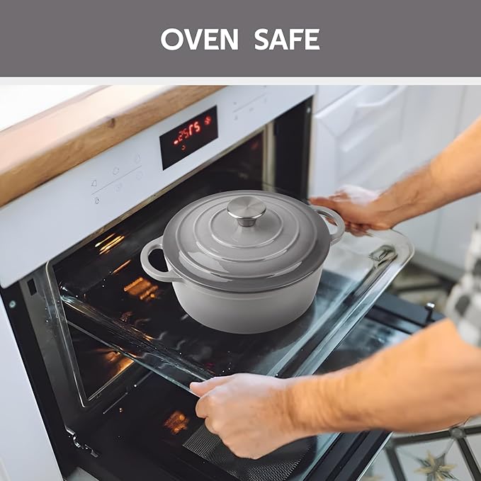 4.5 Quart Dutch Oven Enameled Cast Iron with Lid - Big Dual Handles - Oven Safe up to 500°F - Classic Round Pot for Versatile Cooking Light Gray