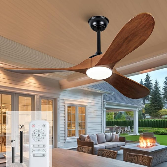 52 Inch Ceiling Fans with Lights and Remote, 3 Blades Outdoor Wood Ceiling Fan, Quiet Noiseless DC Motor, Modern Propeller Rustic Ceiing Fan for Farmhouse, Living Room, Bedroom, Indoor, Walnut