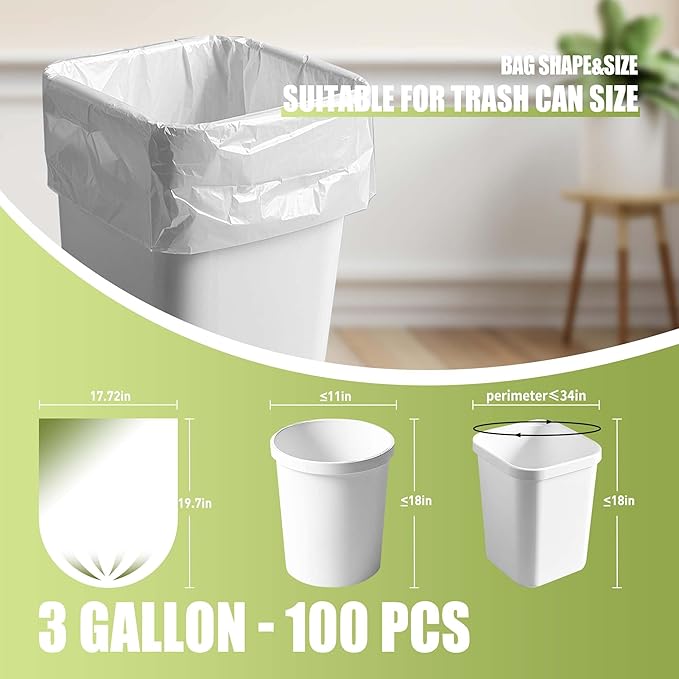 Zhuqing 3 Gallon Trash Bags, 10L Biodegradable Garbage Bags, 100 Counts Compost Wastebasket Liners Bags for Kitchen Bathroom Office, White