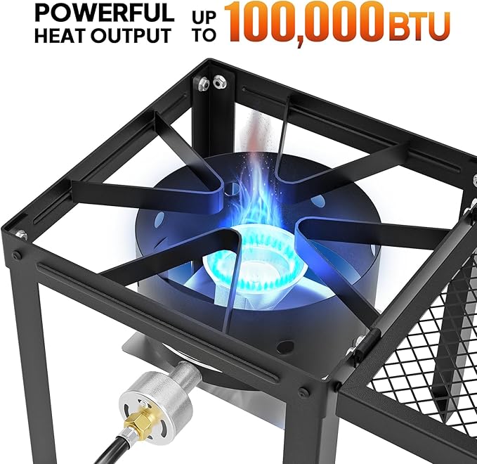 ROVSUN 100,000 BTU Propane Stove with Foldable Side Shelf, Single Burner Gas Stove for Outdoor Cooking with Regulator, Perfect for Camping, Tailgating, Turkey Frying, Seafood Boiling & Home Brewing