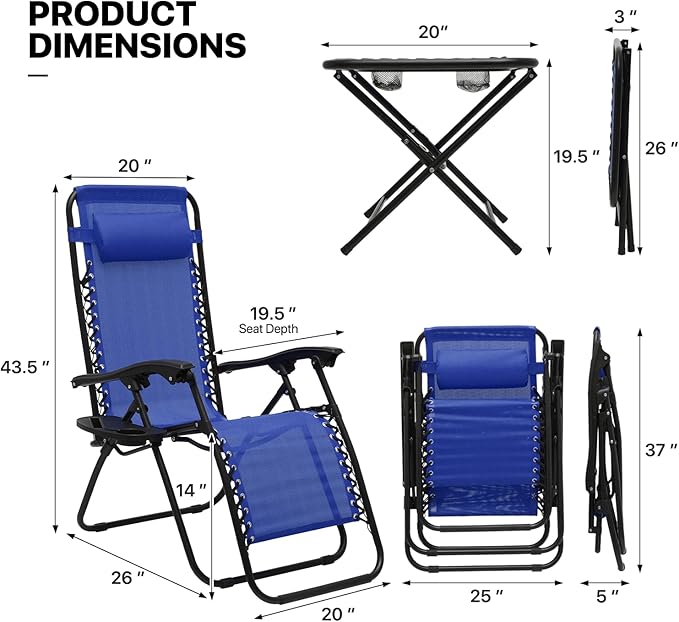 MoNiBloom 3 Pack Lounge Beach Chairs for Outside, Zero Gravity Camping Chairs with Side Table, Pillow and Tray, 330lbs Capacity, Blue