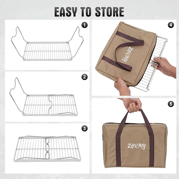 ZORMY 13" Small Folding Campfire Grill, 304 Stainless Steel Firepit Grill Grate, Heavy Duty Portable Camping Grill with Carrying Bag, Gas BBQ Grill Grate for Backpacking, Hiking, Picnics (Medium)