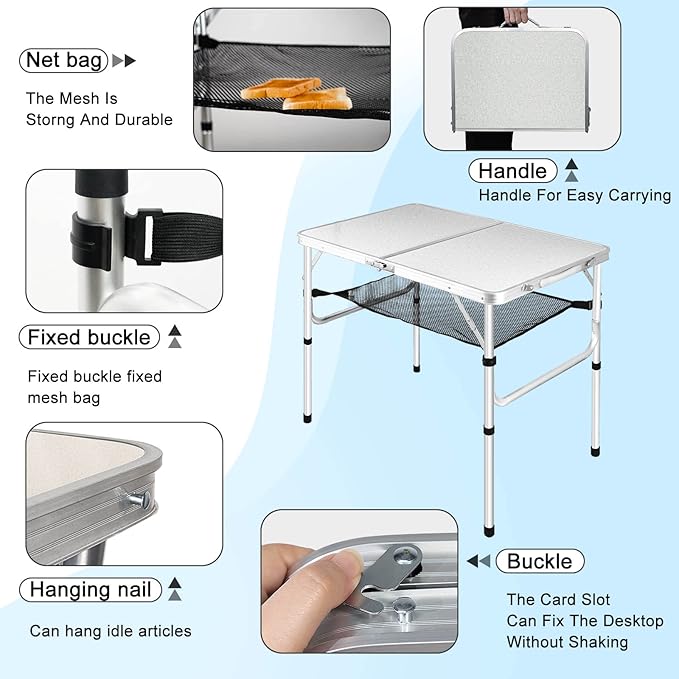 Medium Folding Table,2 Adjustable Height Foldable Table,3Ft Portable Camping Table,Outdoor Folding Table with Net Mesh，Folding Beach Table,White Metal Folding Table for Patio BBQ Backpacking