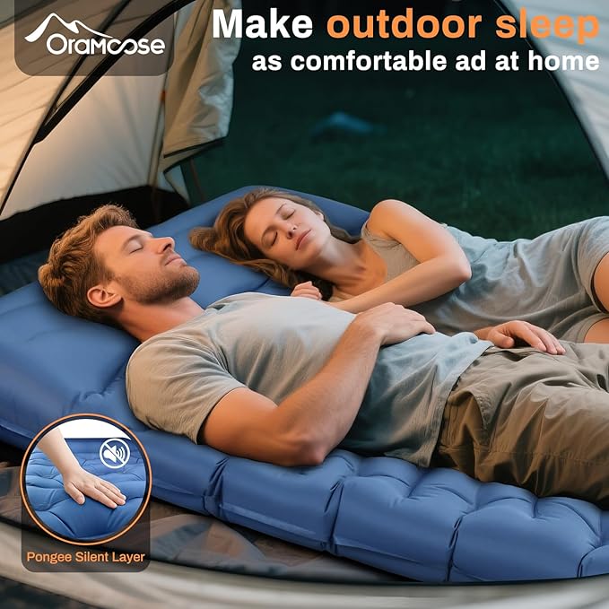 Double Sleeping Pad for Camping, Extra Thick 6 Inch Sleeping Mat Camping for 2 Person Self Inflating Camping Pad with Built-in Pillow & Foot Pump Inflatable Camping Mat for Backpacking Hiking Tents