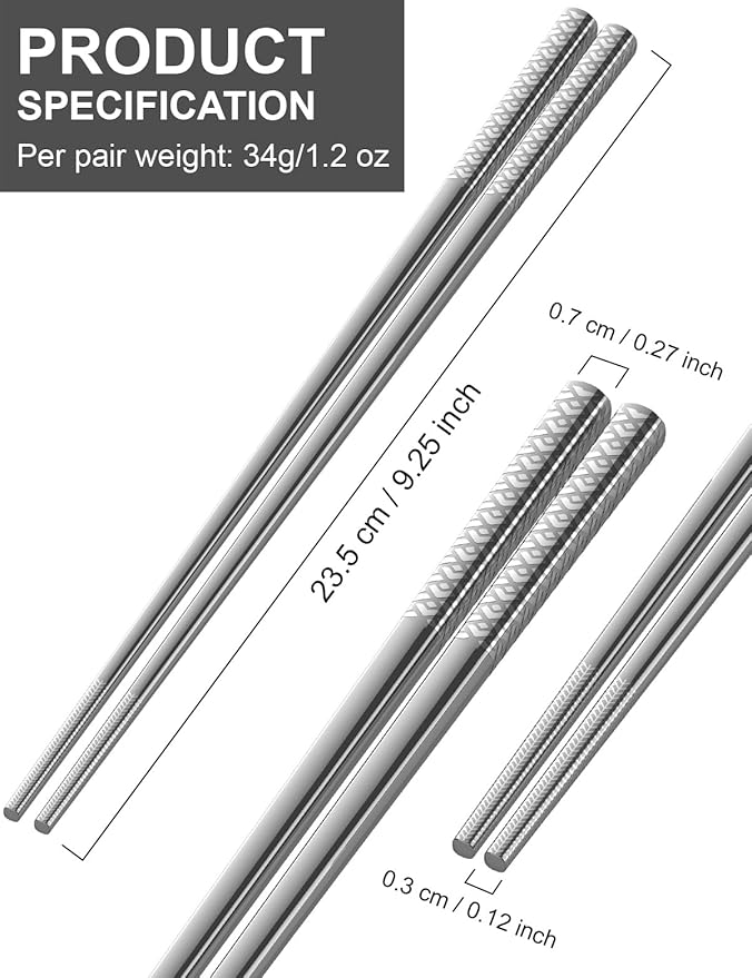 Metal Chopsticks Reusable 18/8 stainless steel Chopsticks 5 Pairs Modern Style Dishwasher Safe Lightweight Non-Slip Chop Sticks 9 1/4 Inches Present Set