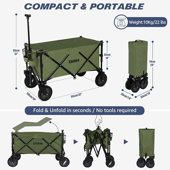 Chihee Folding Beach Wagon Cart Garden Cart Heavy-Duty with 2 Cup Holders,Camp Cart for Gimballed Wheels with Braking System Large Capacity Removable Fabric,for Sporting Events,Camping,Beach Trips