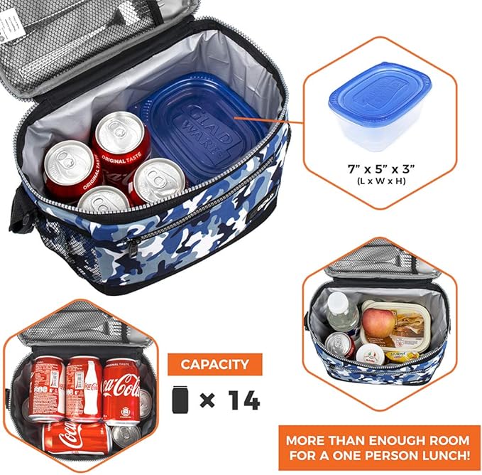opux Insulated Lunch Box Men Women, Lunch Bag for Work School, Leakproof Soft Cooler Tote Adult, Large Lunch Pail Kids Boys Girls, Picnic Beach Food Bag with Shoulder Strap, Camo Blue