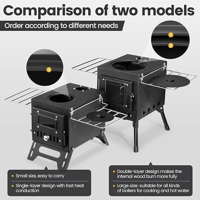 Wood Burning Stove, Wood Stove With Chimney Pipes, Small Camping Wood Stove With Anti-Spark and Adjustment Pipe for Hunting,fishing,Cooking,Heating,Drying Clothes double-layer Hot Tent Stove