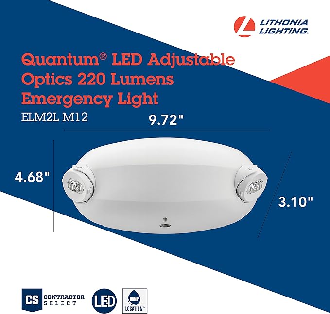 Lithonia Lighting Quantum Emergency Light, Contemporary Commercial LED Emergency Lights with 2 Aimable Lamp Heads, Ceiling or Wall Mount, White Thermoplastic, UVOLT (ELM2L UVOLT LTP M12)