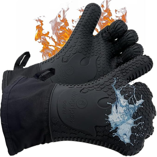 Ekogrips+ Premium Silicone Oven Mitts - Comfy, Waterproof, Heat Resistant BBQ Gloves for Grilling, Long Cuff for Added Protection, 5 Finger Dexterity, 3 Sizes, 4 Colors, S/M, Black