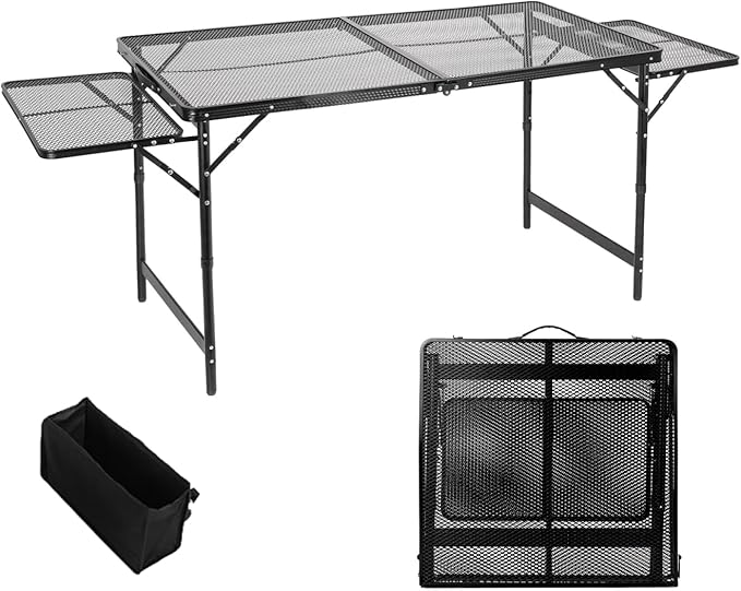 Grill Table Folding Table with 2 Wing Panels 4FT+1.77 FT with with 1×2/5 L Storage Bag Mesh Desktop 3 Height Adjustable Portable Grill for Outdoor Indoor Beach BBQ Picnic Travel RV Black