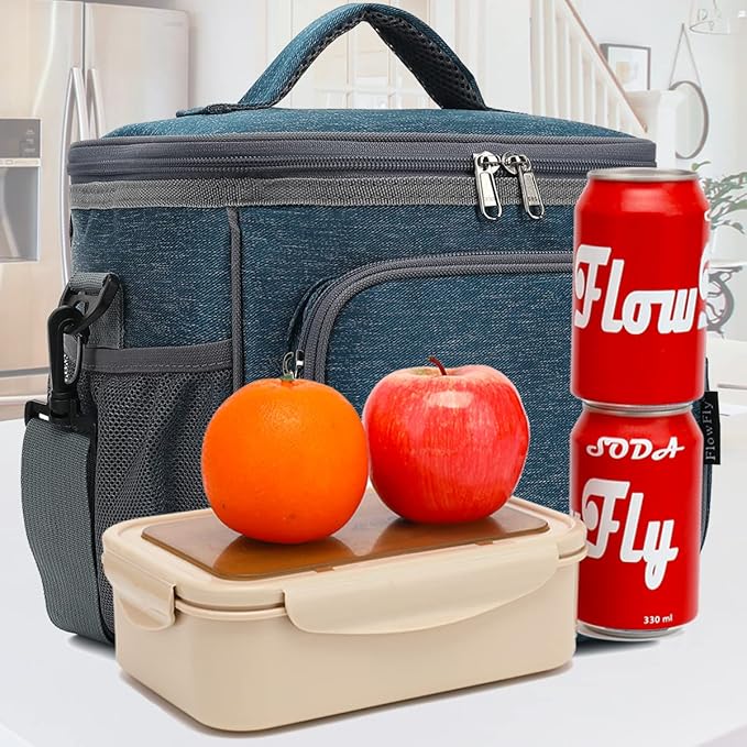 FlowFly Insulated Reusable Lunch Bag Adult Large Lunch Box for Women and Men with Adjustable Shoulder Strap,Front Zipper Pocket and Dual Large Mesh Side Pockets,Royal