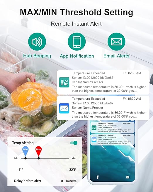 WiFi Thermometer Freezer Alarm, Email Alert, App Notification, Data Record Export, No Subscription Fee, 2 Remote Wireless Temperature Sensors for Refrigerator, Freezer, Hot Tub