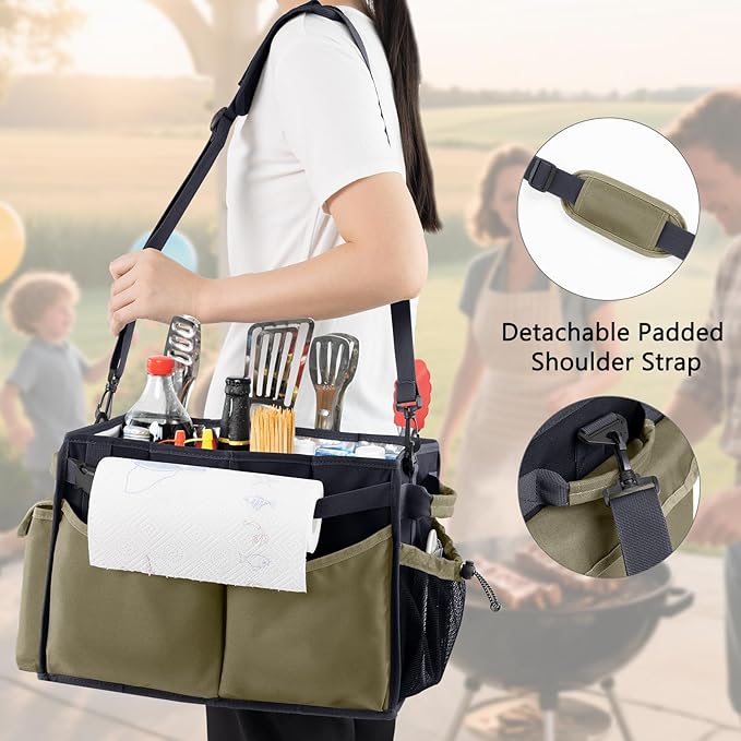 Large Grill Caddy with Paper Towel Holder – Collapsible BBQ Organizer for Camping, Tailgating, RV, Boating – Grilling Gifts for Men – Griddle Tote Bag with Shoulder Strap – Outdoor Essentials