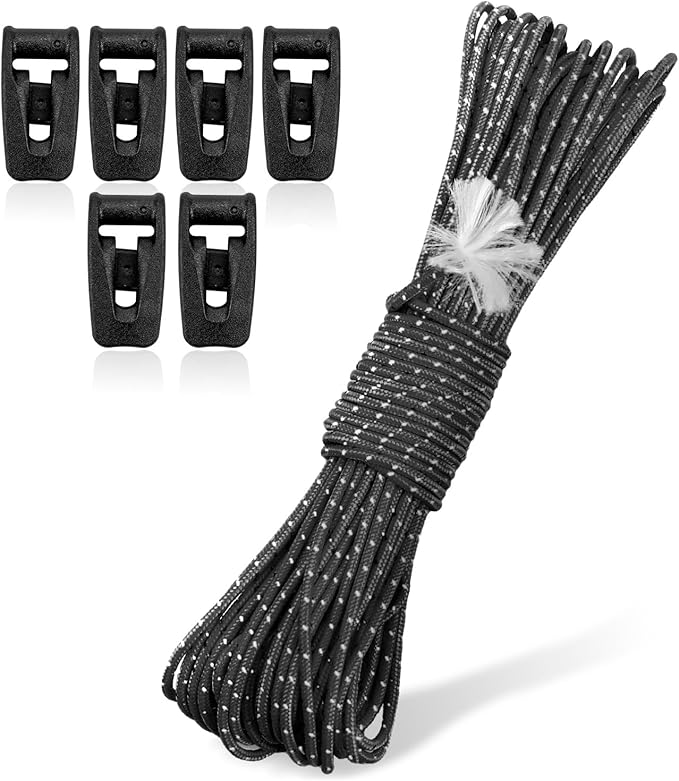 Hikeman Tent Guy Ropes 2mm-Ultralight Strong Guy Lines with Tensioner Reflective UHMWPE Fiber Tent Cord for Camping, Hiking, Backpacking Rope (Black, 39 Feet, 6 Tensioners)