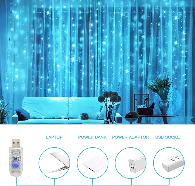 suddus Curtain Lights for Bedroom, 200 Led 6.5ft x 6.5ft Hanging String Lights Outdoor, Fairy Curtain Lights for Backdrop, Window, Wall, Wedding, Party, Garden, Porch, Birthday Decor Aqua
