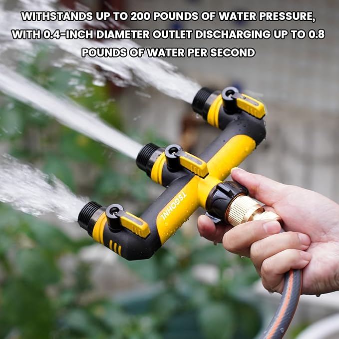 Garden Hose Splitter, 3/4-Inch Hose Manifold, Outdoor Faucet Adapter - Soft TPR Covering - Lightweight, Non-Slip, Sun-Resistant 3-Way Valve（yellow）