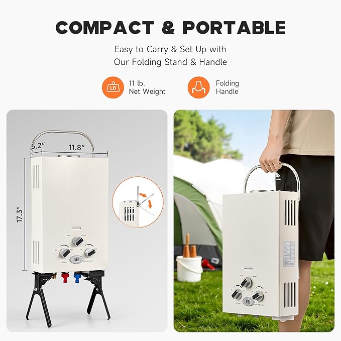 DARTMOOR LPG Portable Water Heater, Outdoor Tankless Propane Water Heater with Adjustable Flow & Showerhead, 1.6gpm Camping LPG Heater for Hot Water, Battery Powered Propane Shower Heater for Outdoor