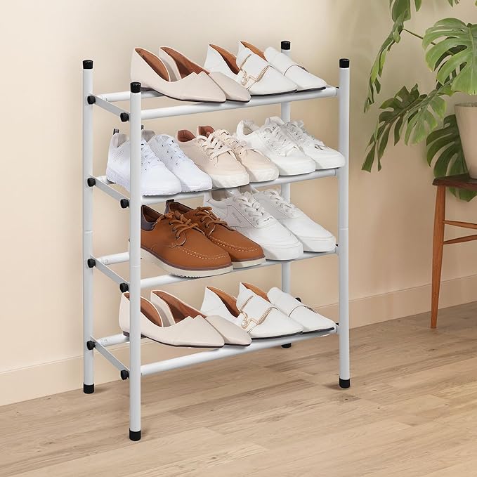 STORAGE MANIAC Expandable Shoe Rack, 16 Pairs Stackable Small Shoe Rack, Metal Adjustable Shoes Organizer for Closet, Entryway, Hallway, Garage, Front Door, Shoes Shelves, White 4 Tier