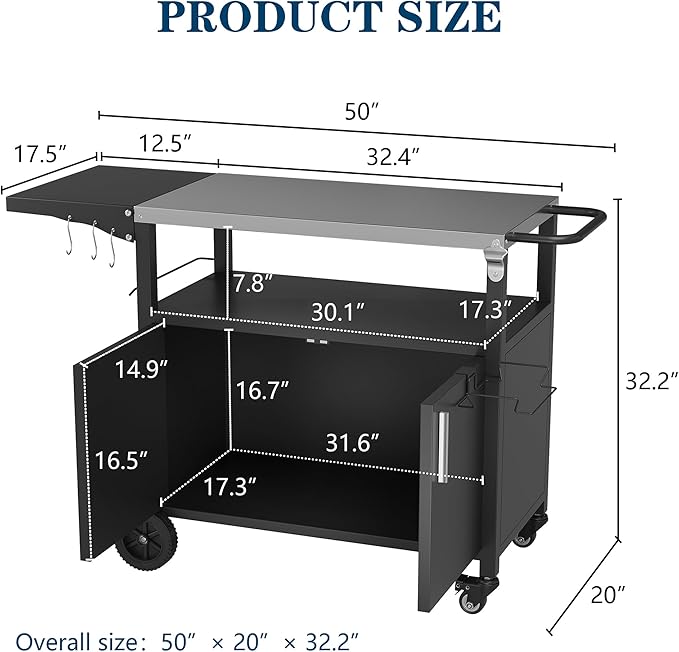JY QAQA Outdoor Grill Cart with Storage,Patio Kitchen Island Outdoor Grill Table with Wheels,BBQ Cart Movable Pizza Oven Table Stand, Storage Cabinet, Foldable Tabletop, (Black)