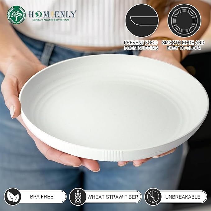 Homienly Wheat Straw Plates Set of 8, 9 inch Unbreakable Microwave and Dishwasher Safe Plates, Lightweight Round Dinner Plates with Unique Texture, Plate for Kitchen, Camping, Picnic - White