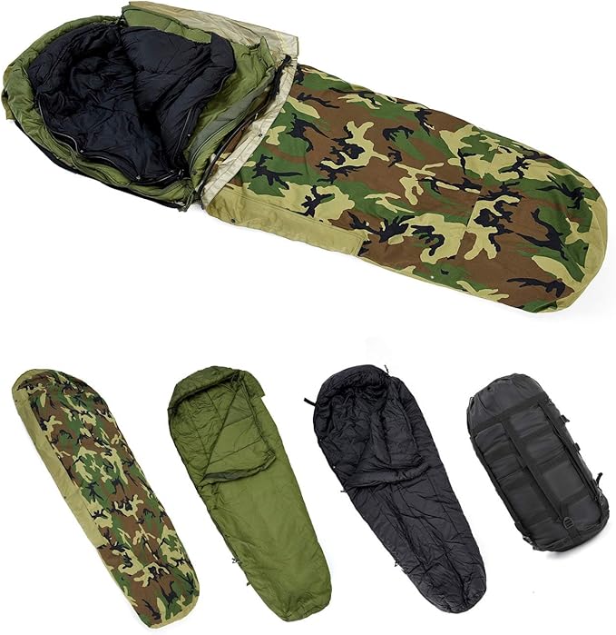 MT Army Military Modular Sleeping Bags System, Multi Layered with Bivy Cover for All Season, Woodland/Multicam