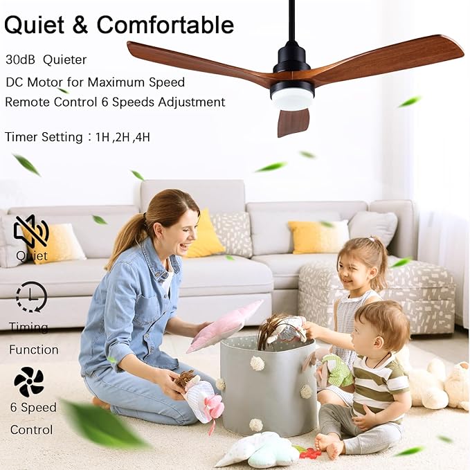 56" Wooden Ceiling Fans with Lighted Remote Control, Indoor Outdoor Wooden Ceiling Fan, Outdoor Modern Ceiling Fan with 3 Fan Blades for Patio, Living Room, Office, Hallway and More.……
