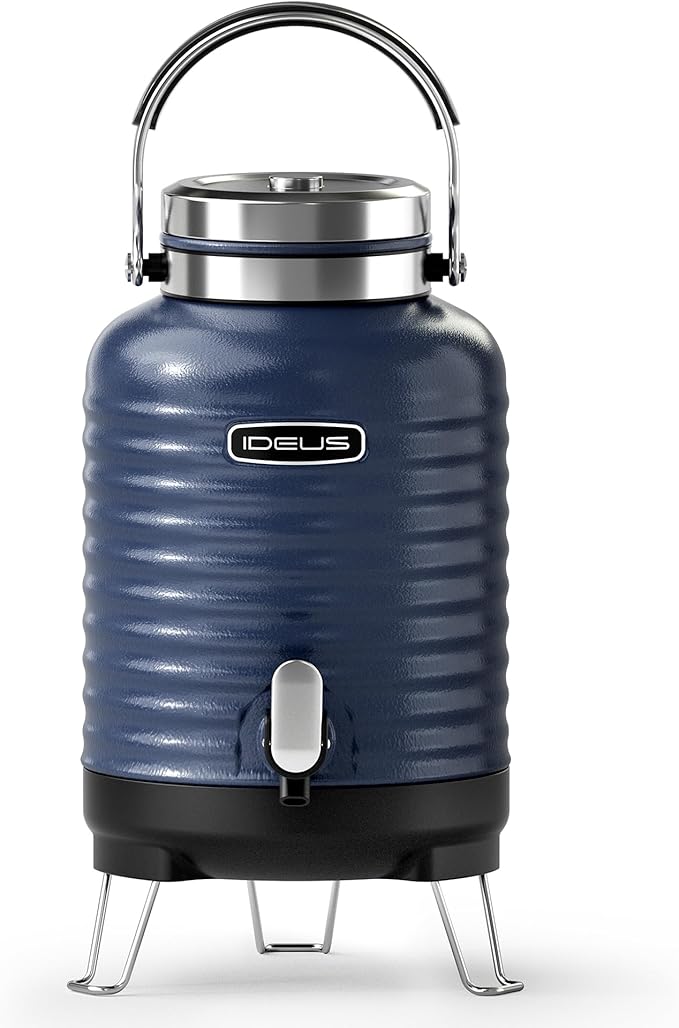 IDEUS Insulated Beverage Dispenser 5.2L, All-in-one for Camping Vacuum Double-Wall Stainless Steel Water Cooler Coffee Carafe Jug Leakproof Drink Container with Handle, Spigot & Stand (Blue)