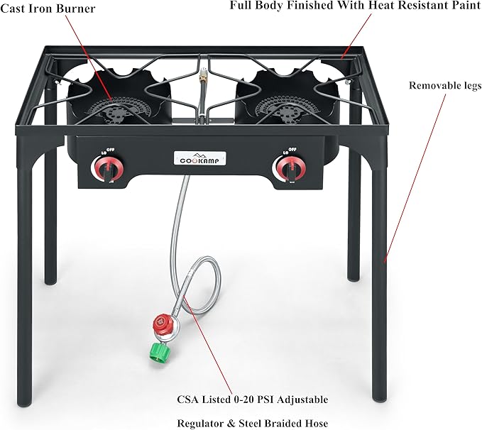 High Pressure Double Propane Burner Outdoor Camping Stove with 0-20 PSI Adjustable Regulator and Steel Braided Hose (Two Burner Stove)