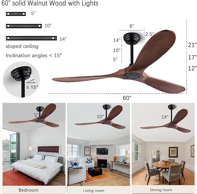 60" Wood Ceiling Fan No Lights with Remote Control，Wooden 3 Blades Ceiling Fans Without Light for Patio,Garage,Living Room,Bedroom,Office,Indoor/Outdoor(Black+Dark Walnut)