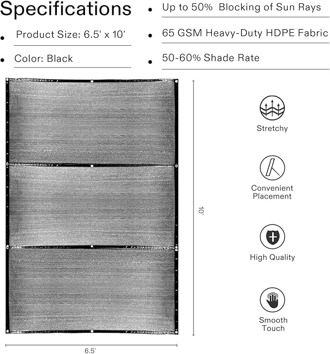 VIVOSUN Sunblock Shade Cloth, 50%-60% Shade Net, 6.5' x 10' Black Garden Shade Mesh with Grommets for Plant Covers, Swimming Pools, Patios, and Yards