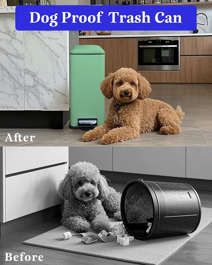 8 Gallon Slim Trash Can with Soft Close Lid, Stainless Steel Trash Can with Removal Inner Bucket, Hand -Free Trash Bin for Kitchen, Office, Laundry, Bathroom, 30 Liter Capacity, Green