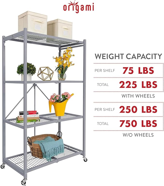 Origami 4-Tier Storage Shelves on Wheels, Steel Shelving Holds 1000 pounds, Heavy Duty Garage Storage & Organization, Closet Organizer, Utility Shelf