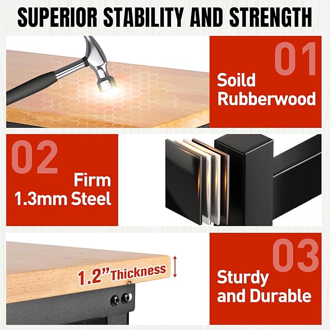 Height Adjustable Workbench with Wheels 60”×22” Heavy Duty Work Table 2000 LBS Capacity Rolling Work Table Rubber Wood Work Station with Power Outlet & Pegboard for Garage, Office, Workshop