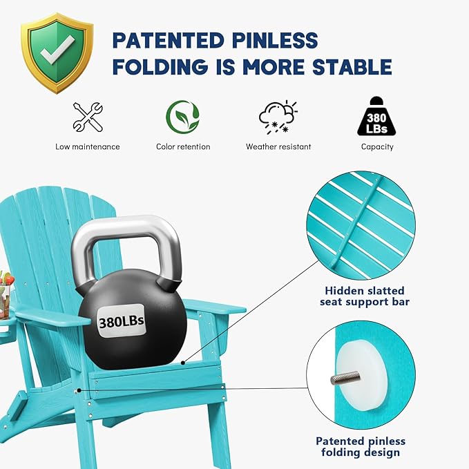 Folding Adirondack Chair, SGS Tested, Wooden Textured with Cup Holder, Heavy All-Weather HDPE Comfortable Set Poolside Backyard Lawn Aruba Blue Set 4