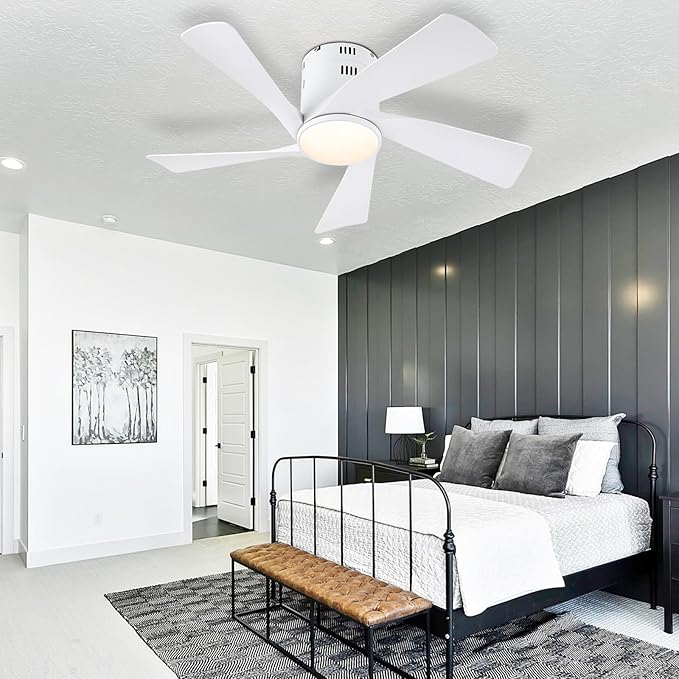 36" Flush Mount Ceiling Fan - White Low Profile Ceiling Fans with Lights and Remote/APP, 6 Speeds and Reversible 5 Fan Blades, Indoor Modern Ceiling Fan LED Light for Bedroom, Small Spaces
