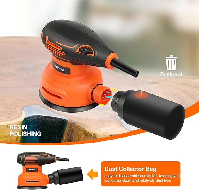 5-Inch Orbital Sander, 2.5 Amp Motor, 15 Pcs Sanding Disc Set, 6-Speed Control (6000-12000 OPM), Efficient Dust Collection for Superior Sanding and Polishing