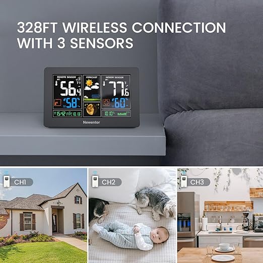 Newentor Weather Station Wireless Indoor Outdoor Thermometer, Color Display Digital Weather Thermometer with Atomic Clock, Barometric Pressure, Forecast Station with Adjustable Backlight,Black,3Sensor