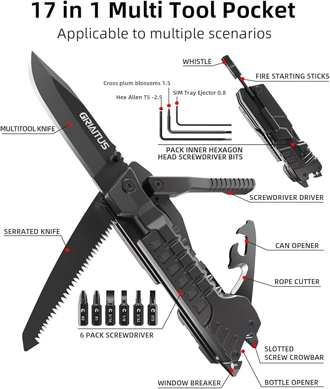 Multitool Knife 17 in 1Fire Starting Sticks, Bottle Opener, Saw Screwdrivers Bottle Opener, Whistle, Window Breaker and More -Perfect for Camping, Outdoor, Survival and Everyday Use,Gifts for Men Dad