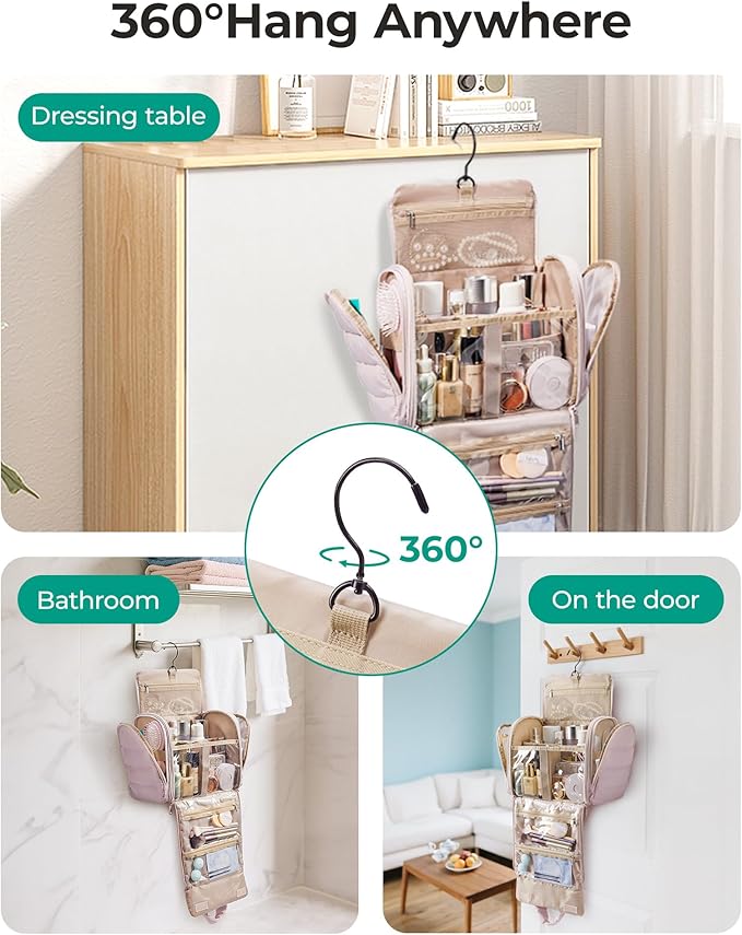 BAGSMART Makeup Bag Puffy Fabric Toiletry Bag, Removable Partition & Hanging Hook, Cosmetic Bag for Travel-Sized Shampoo, Conditioner, Brushes Set, Makeup Accessories, Medium Capacity, Navy Blue