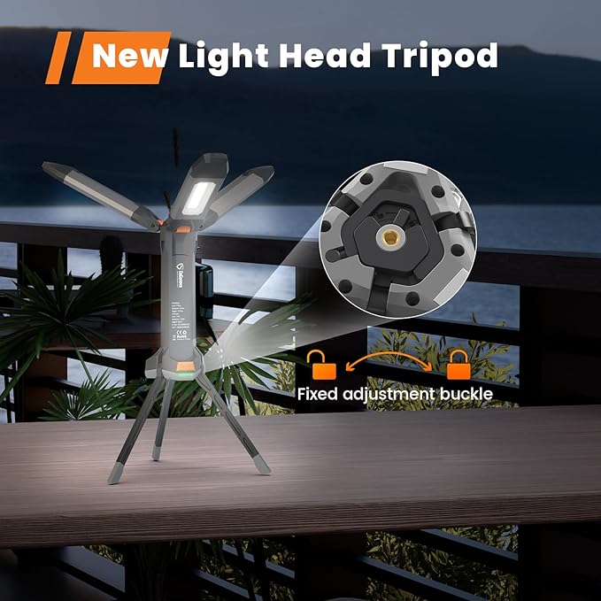 gogonova 2025 Rechargeable Work Light with Stand, 4 in 1 Cordless Camping Light, 700/1200/2200 Lumens, 4000/6500K Dimmable LED Work Lamp with Detachable Tripod（Grey）