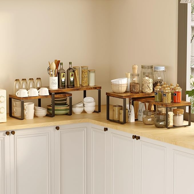 Homeiju Kitchen Cabinet Organizer 15.75'' Width,Set of 4 Cabinet Shelf Organizers,Stackable & Expandable Kitchen Countertop Organizer,Spice Rack for Pantry Countertop Cupboard Cabinet Desk Top