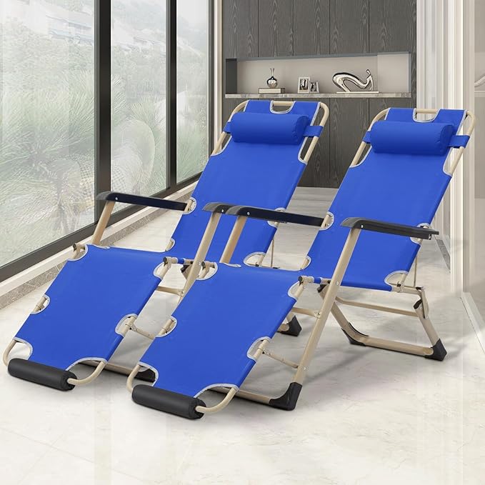 MoNiBloom Set of 2 Folding Reclining Patio Chairs, 3-Position Patio Lounger Folding Chairs with Footrest for Backyard Poolside Lawn, Blue, 330lbs Capacity
