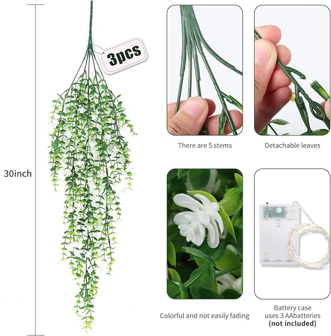 RECUTMS 3 Pcs Hanging Fake Plants Fake Vines Artificial Plants Large Faux Hanging Plant with 30 LED String Light, Artificial Hanging Plants Wall Indoor Outdoor Decorations(White)