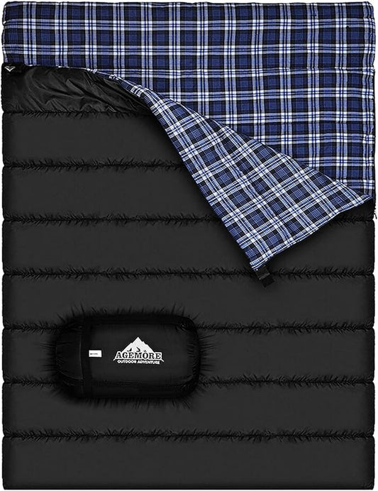 AGEMORE Cotton Flannel Double Sleeping Bag for Camping, Backpacking Or Hiking. Queen Size 2 Person Waterproof Sleeping Bag for Adults Or Teens. Lightweight with Compression Sack