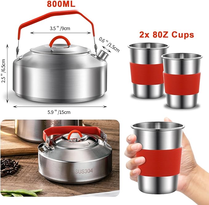 304 Stainless Steel Camping Cookware Set - Mess Kit with Pots, Pans, Kettle, Plates, Forks, Knives, Spoons for 2 People, Perfect for Camping, Picnic, RVs