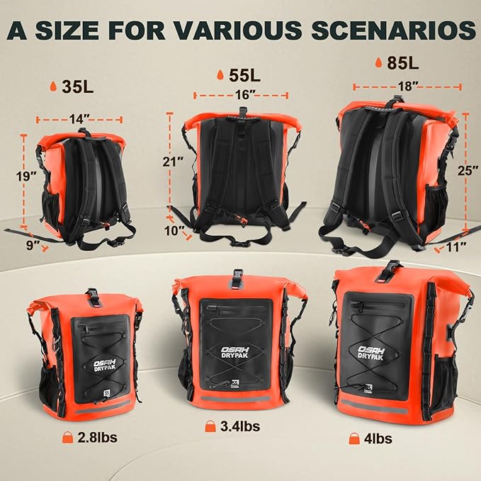 Waterproof Backpack Dry Bag 35L/55L/85L– Heavy Duty Roll-Top Hiking Backpack Sack Keeps Gear Dry for Travel, Kayaking, Boating, Camping, Rafting and Fishing