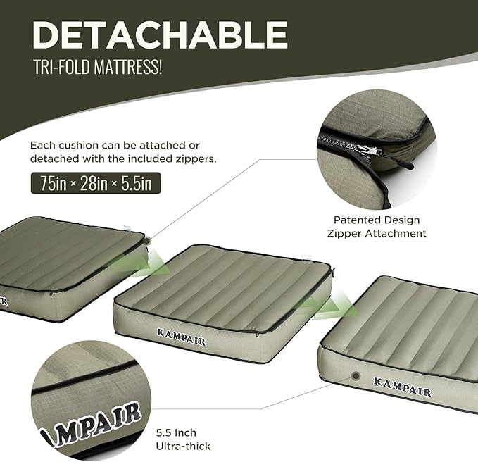 Detachable Tri Folding Sleeping Pad for Camping, Ultra-Thick 5.5 Inch Air Mattress, Quick Inflate, Zipper Design for Detachment, Machine Washable, Family Pad for Camping & Traveling, Green