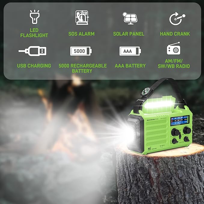 Emergency Weather Radio – 18500mWh Portable AM/FM/SW/NOAA Radio with Solar Hand Crank, Rechargeable Battery, USB Charger, LED Flashlight, Reading Light, and SOS Alarm, for Home Outdoor (Green)